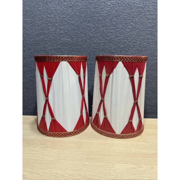 Vintage Red Hollywood Regency Lamp Crystals Gold Marble Punch Pleat Shade Lot 2 - Picture 7 of 15